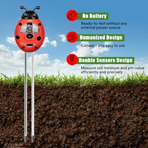 Ladybug Shape 3-in-1 Soil Moisture/pH/Light Meter, Soil Moisture Meter, Soil Test kit, Soil Tester with Moisture,Light,and pH Test for Indoor & Outdoor Use for House Plants, Garden, Lawn, Farm - color: RED