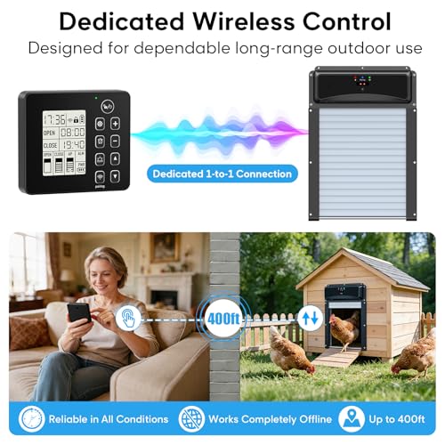 Automatic Chicken Coop Door with Remote Display, Solar Powered Roll-up Chicken Door, 393ft Long-Range Wireless Monitor, Anti-Pinch Auto Coop Door, Predator Protection Motion Sensor, No WiFi Needed