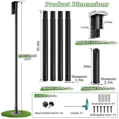 12ft Bat House Pole, 1.9in Diameter Heavy-Duty Galvanized Steel Outdoor Purple Martin Bird House Pole with Ground Socket, Including Bat House Installation Bracket, Black - size: 12FT