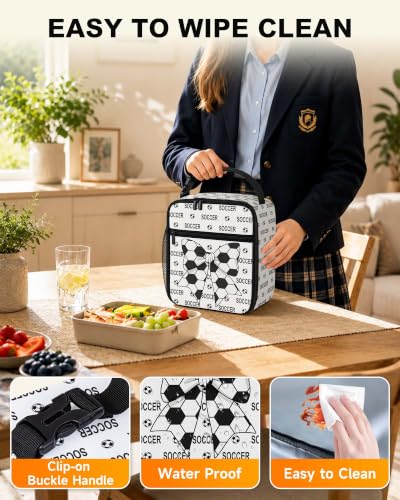 Lunch Box Girls Boys Insulated Lunch Bag for Kids Teen, Soccer Bow | Reusable Lunchbox, Cooler Tote Bag, Mesh Side Pocket, Easy to Clean, Waterproof Leak-Proof Lining for School Office Picnic - color: Soccer Bow