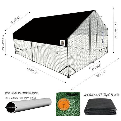Chicken Runs for Yard with Cover, Metal Chicken Coop, Upgraded Anti-UV 180g/㎡ PE Cloth & 1.1mm Thickened PVC-Coated Hexagonal Chicken Wire Mesh & More Galvanized Steel Standpipes,13.1×9.8×6.4FT - size: 157.0"L x 118.0"W x 77.0"H
