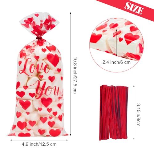 100 Pcs Valentine Treat Bags - Red Heart Cellophane Goodie Bags, Clear Plastic Happy Valentine's Day Cello Candy Gift Bag With Twist Ties for Wedding Anniversary Party Favors Supplies - color: Valentines