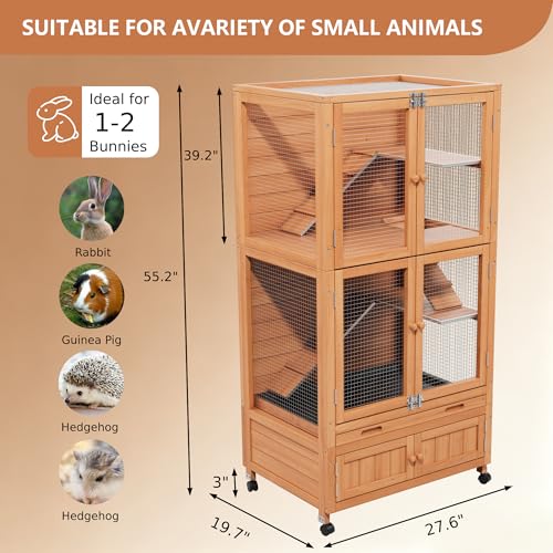 Wooden Rabbit Cage Indoor Outdoor, 2-Story Rabbit Hutch Bunny House with Chew-Proof Ramp, Leak-Proof Trays,Storage Cabinet & Wheels for Small Rabbits, Quails,Turtles(Wood2) - color: Wood2