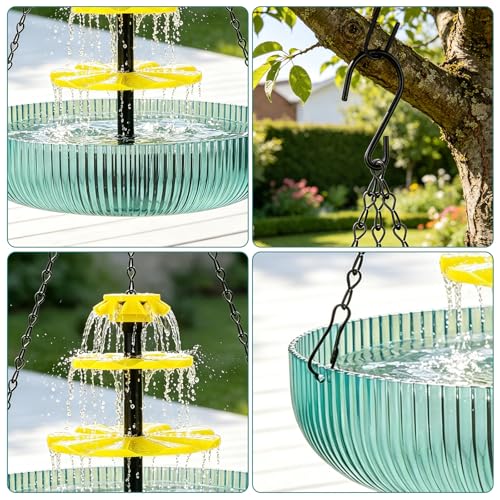 3-Tier Hanging Solar Bird Bath Fountain - Solar Powered Cascading Water Fountain with 16.4FT Extra Long Cord for Outdoor Garden Patio Yard Hummingbirds & Wild Birds Decoration