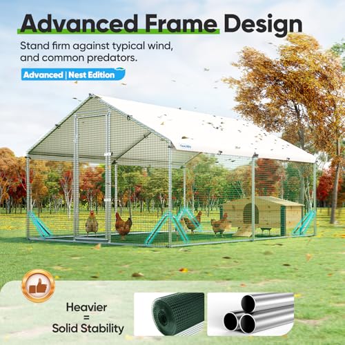 Quictent Large Metal Chicken Coop Run for 20+ Poultry w/Beige Nest Box | Side Hardware Cloth & Cover, Advanced Series Outdoor Walk-in Cage Hen Duck Rabbit Dog Pen Yard Farm House, 12x9x6.6FT - color: Beige, size: 142.4"L x 107.3"W x 78.0"H