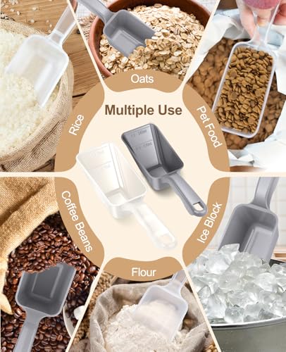 2-Pack Dog Food Scoop 1 Cup, Plastic Pet Food Measuring Scoop With Measuring Lines (1/2 & 1 Cup Markings) for Dogs, Cats, Fish, Bird（Transparent and Grey - color: Transparent and Grey