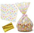 Large Easter Cellophane Basket Bags 10 Pack, Clear Treat Wrap Bags 24 x 30 Inch with Colorful Egg Print and Twist Ties, Jumbo Plastic Gift Wrap for Candy, Party Favors, Holiday Baskets