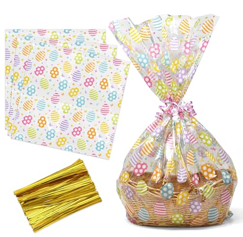 Large Easter Cellophane Basket Bags 10 Pack, Clear Treat Wrap Bags 24 x 30 Inch with Colorful Egg Print and Twist Ties, Jumbo Plastic Gift Wrap for Candy, Party Favors, Holiday Baskets
