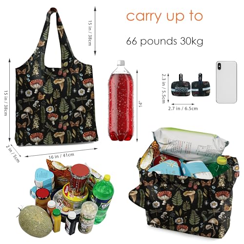 BeeGreen Reusable Grocery Shopping Bag -Travel Tote Bag - Foldable Compact Sturdy Bags - color: Black and Red Mushrooms, style: Standard Extra Large