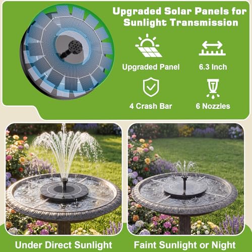 AISITIN 2.5W Solar Fountain, Solar Water Pump with 6 Nozzles & 4 Fix Rods | 2026 New Solar Bird Bath Fountains for Gardens, Small Pools, Ponds, Fish Tanks and Outdoor Water Features