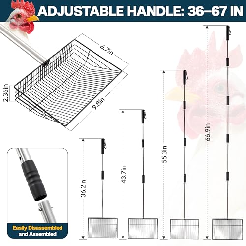 Chicken Poop Scooper - Chicken coop accesories with Hook and Brush, Durable Metal Litter Scoop Heavy Duty and Rust Resistant for Poultry Farmers, Easy to Clean, Lightweight and Portable coop Scoop
