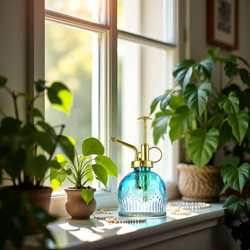 Glass Plant Mister Spray Bottle, 230ML Vintage Plant Spritzer, Succulent Watering Bottle Glass with Top Pump, Small Plants Sprayer Watering Can for Indoor Outdoor House(Blue and White) - color: dark or deep green
