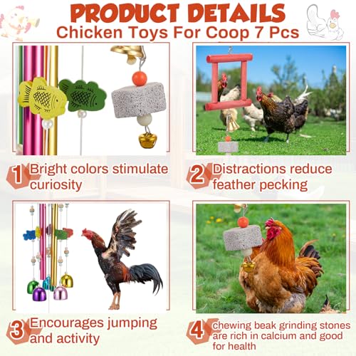 VioraWhite 7 Pcs Chicken Toys, Hanging Chicken Wind Chime, 2 Pcs Coop Mirror Toys with Bells 4 Pack Beak Grinding Stones, Musical Coop Accessories for Hen Rooster Chick Poultry Bird (Rose Red, Yellow) - color: Rose Red, Yellow