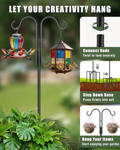 2 Pack 76 Inch Double Shepherds Hooks for Outdoor, Heavy Duty, 5 Prong Base | Shepherd hook set for bird feeders, Flower baskets, Lanterns, Nesting stations, Garden decor, Sturdy pole, Weather-resistant - size: 76IN 2PACK