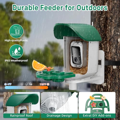 Bird Feeder with Camera Solar Powered, 2K HD Birds Feeder Camera for Outdoors, Instant Motion Detection & Alerts, AI Smart Identify Birds Species, Gifts for Mom Dad and Bird-Lovers(Green) - color: Green
