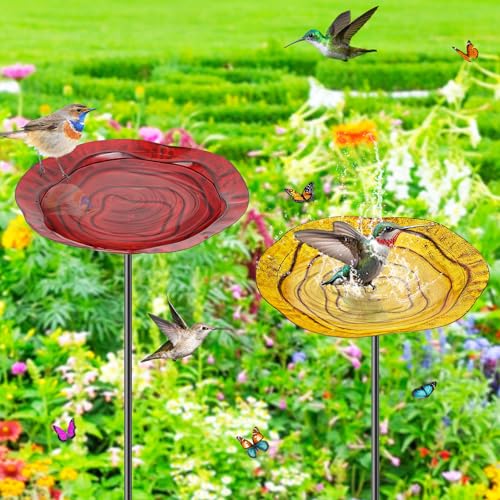 2Pcs Metal Bird Baths for Outside, Hummingbird Small Birdbath Bowl for Outdoors with Metal Stake, Bird Feeder for Garden Yard Lawn Decor (2P-Red&Yellow) - color: 2P-Red&Yellow
