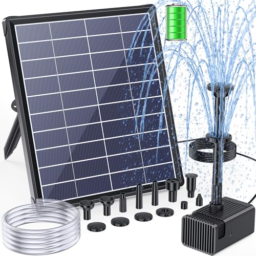 6.5W Solar Fountain Pump for Bird Bath Built-in 3000mAh Battery Backup, DIY Solar Water Fountain with Double-Layer Nozzles & Dry-Run Protection 5Ft Tubing for Ponds, Bird Bath, Water Features - size: 6.5W Fountain