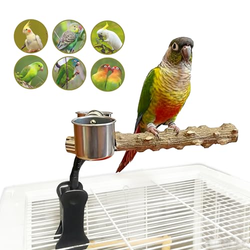 Bird Perch Stand with Clip, Adjustable & Portable Parrot Stand with Parrot Feeding Cups Bendable Training Perch for Cockatiels, Conures, Lovebirds ird cage Accessories - color: rough-cup