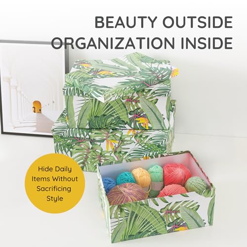 Soul & Lane - Tropical Breeze Decorative Storage Boxes with Lids, Set of 3 | Large Nesting Keepsake Boxes for Photos and Gifts, Green Jungle Leaves Palm Tree Containers, Hawaiian Beach Theme Decor - color: Tropical Breeze
