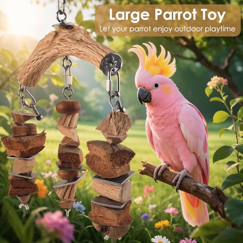 DBNESS Bird Parrot Toys, Hanging Medium Large Birds Wooden Chew Blocks with Stainless Steel Natural Chewing Cage Bite Toy for Juvenile Macaws African Greys Cokatoos Amazon Parrots - style: Triple String