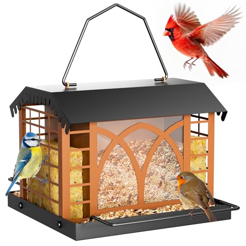 Bird Feeders for Outdoors Hanging, Metal Bird Feeder with Double Suet Cage Weatherproof Metal Roof, 3.5Lbs Large Capacity Great for Attracting Finch Cardinal Chickadee Wild Birds, Pinecone Brown - color: Pinecone Brown