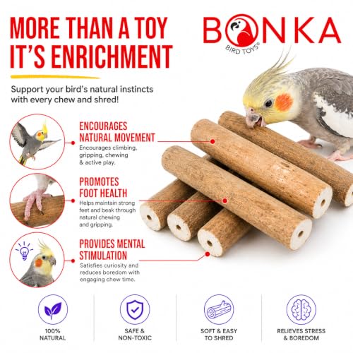 1211 Pk6 Natural Bark Sola Sticks, 6-Pack, 3" Long, 1.25" Diameter, Soft Chew and Foraging Toy for Birds, Parrots, Parakeets, Cockatiels, Lightweight, Natural, Safe, Eco-Friendly | Natural sola root sticks with center holes for chewing, shredding, toy mak