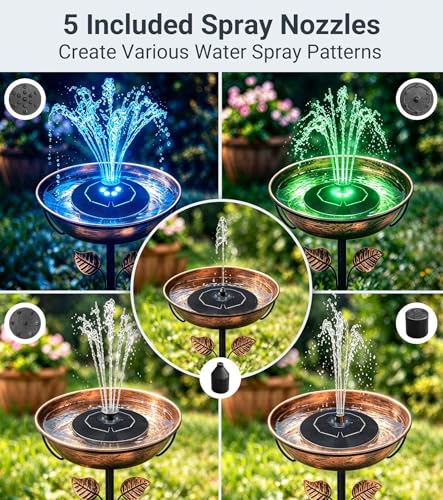 6.3" Solar Bird Bath Fountain with Color LED Lights | 9V/2W Solar Fountain Pump, 800mAh Battery Backup, 4 Fixed Rods 5 Spray Patterns for Birdbath Pond Patio Flowing Water Feature