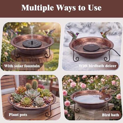 12.8" Hammered Copper Bird Bath Bowl with Stand, Large Birdbath Bowl Replacement, Decorative Birdbath Water Bowls for Garden Patio Deck, Wide Perching Rim Outdoor Ground Bird Bath Dish