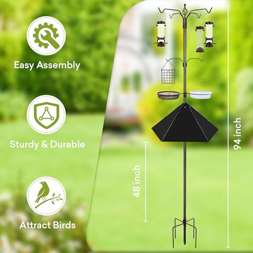 YINGYM 6-Hook Bird Feeding Station with 19" Metal Squirrel Baffle, 94 Inch | Heavy Duty Bird Feeder Stand Pole with 4 Bird Feeders, Baffle Guard for Patio, Lawn and Garden, Attracting Wild Birds - size: 94 Inch with Squirrel Baffle