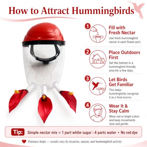 Hummingbird Feeder Hat, Wearable Hummingbird Feeder Helmet | Hummingbird Feeder Mask with 3 Upward Flower Ports for Close Viewing, Helps Reduce Drips, Fog-Resistant Visor, Adjustable Fit - color: Red-1P