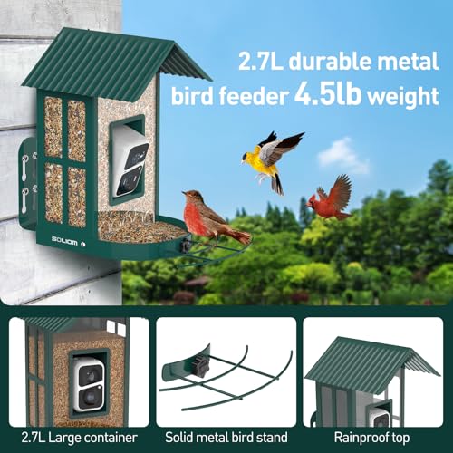 Soliom- Bird Feeder with Camera, 5W Solar Powered, AI Identify Species, Smart Wild Bird Watching, 2K Live View, Instant Arrival Alerts,Large 2.7L Seed Capacity, Metal Squirrel Chew-Proof - BF08 Green - color: Green Large