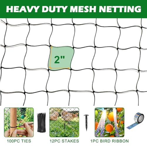 BSTPCOO 50'x50' with 2" Mesh Netting for Chicken Coop with Bird Scare Tape | Heavy Duty Nylon Bird Netting, Hawk Nettings for Chicken Run, Poultry Nettings, Chicken Netting Roof Deer Net with Cable Ties - size: 50'×50'-2''