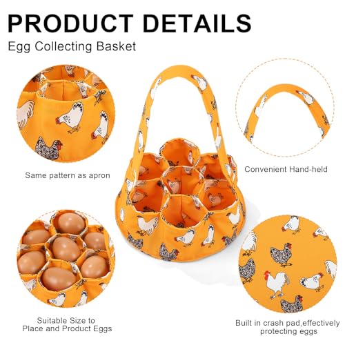 Egg Collecting Apron and Basket, 12 Pouches Chicken Egg Apron, 7 Pouches Chicken Eggs Basket, Collector Chicken Eggs - color: Yellow Flower Chicken, Full-body