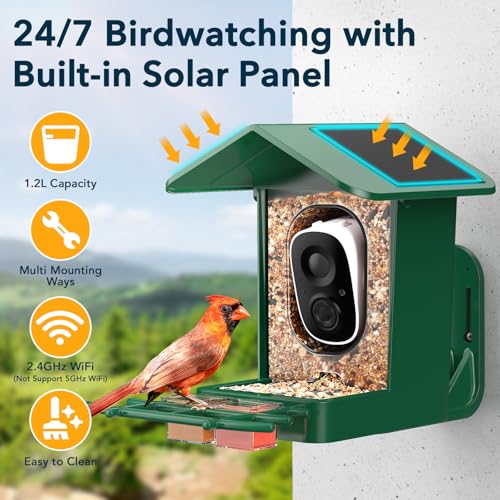 PeckCam® Bird Feeder with Camera Solar Powered 2K Live Video Auto Capture | AI Bird Species Identification, Instant App Alert, IP65 Waterproof, Easy Setup, Backyard Bird-Watching, Gift for Bird Lovers - color: Green