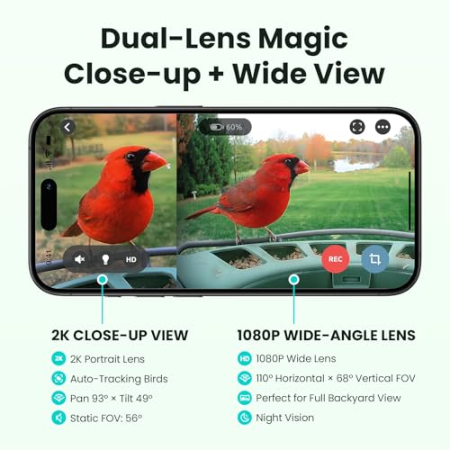 2 Smart Bird Feeder with Camera, AI Identifies Bird Species, Dual-Lens 2K Camera for Live Streaming & Close-Up Photos, Solar-Powered Backyard Birdwatching Gift