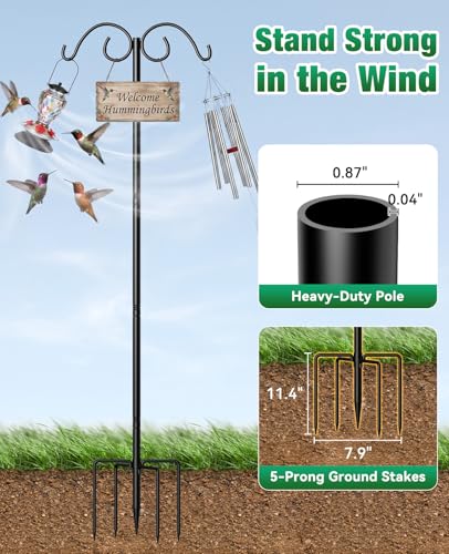 Shepherds Hooks for Outdoor Plant Hanger Hummingbird Feeders for Outdoors | Double Shepherds Hooks ,86 Inch Bird Feeder Pole, Thick Heavy Duty Bird Feeder Stand with 5-Prong Base,Solar Light,2 Pack - size: 86inch-2pack