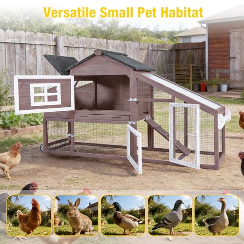 Aivituvin Chicken Coop with Run and Wheels, Mobile Outdoor Hen House Wooden Poultry Cage with Waterproof Roof (Brown, AIR23) - color: Brown, size: 67.3"L x 26.0"W x 39.4"H