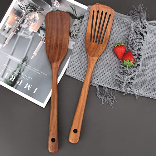 Non Toxic Wooden Spatulas for Kitchen Utensil Set Acacia Wood Cooking Spoon | Flat Wok Pancake Spatula Slotted Turner Bamboo Spoon for Cooking Utensil Spurtle Scraper Long Fish Egg Flipper Spatulas - color: 2Pcs-Natural