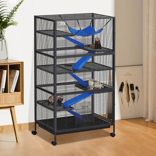 Polar Aurora Metal Small Animal Cage, 59" H Ferret Cage with Lockable Wheels, Deluxe Chinchilla Cages with Hammock and Removable Tray, 6 Tiers Animal Cages for Pets - size: Extra Large