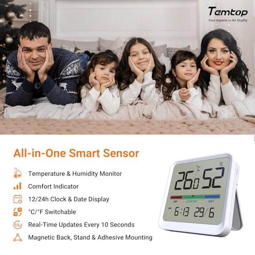 Temtop T1-SE Indoor Digital Thermometer Hygrometer with Magnet, 3M Sticker | Date Time Display, Wall Magnet Stand Mount for Home, Office, Nursery, Baby Room - size: T1-SE