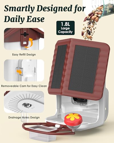Bird Feeder with Camera Solar Powered 2K Video with 32GB Card Auto Capture | Instant App Alert, AI Identify, Easy Refill, 1.8L Capacity, IP65 Weatherproof, Pole/Bracket Mount, 3 DIY Add-ons, 2.4G Wifi - color: Red