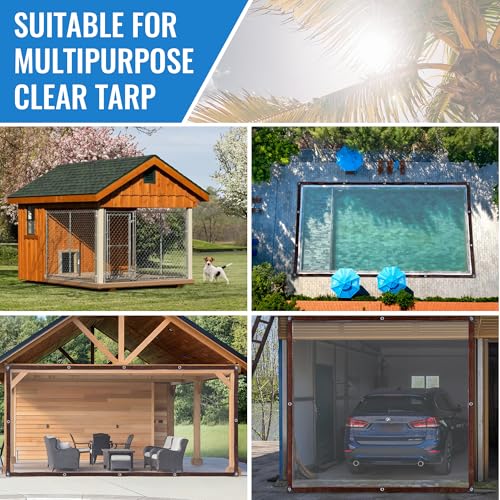 10 x 12 FT Clear Thicken Waterproof Tarp, Rainproof Covering, Heavy Duty Anti Tear Tarp with Grommets, Windproof and Snowproof Poly Tarpaulin for Patio, Plants, Henhouse, Garden - size: 10 x 12 FT