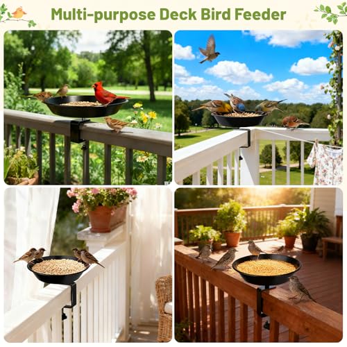 Balcony Bird Feeder for Deck Railing, Mounted with Seed Tray, Black | Heavy Duty Metal, Easy to Install & Clean, Durable Decoration for Outdoors & Garden, Birthday Gifts for Women Men Mom Dad - style: 1 Tray