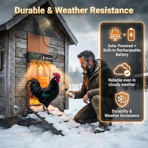 Solar Automatic Chicken Coop Door, 6-Mode Programmable Remote, HD Screen | Auto Chicken Door with aluminum alloy, timer, light sensor, anti-pinch protection, 70M remote range