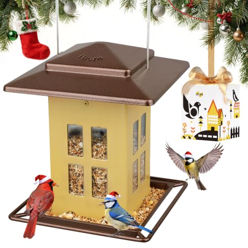 iBorn Bird Feeders for Outdoors, Metal Bird Feeder, Wild Bird Feeders for Cardinal, 2.3LBS Capacity,18cm Large Roof, Lantern Style, Black (Muted Yellow) - color: Muted Yellow