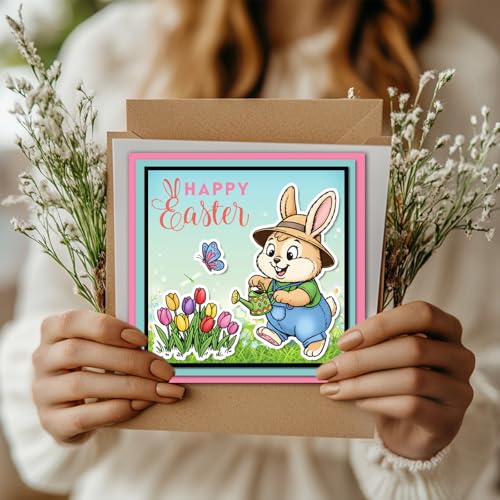 GLOBLELAND Cartoon Gardener Bunny Clear Stamps and Metal Die Cuts Spring Easter Rabbit Transparent Stamp Cute Animals Cutting Dies for Card Making Embossing Scrapbooking - style: Gardener Bunny