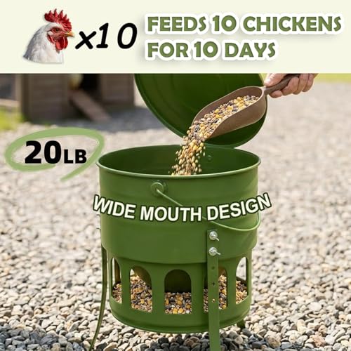 Metal Chicken Feeder No Waste - 20LB Large Chicken Feeder with 12 Ports & 4 Adjustable Heights Tripod Stand, Automatic Hanging Poultry Feeder, Rainproof for Backyard Chickens & Small Flocks