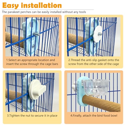 Kathson 3Pcs Bird Perch Feeding Cup Natural Wood Perches with Removable Bird Feeder for Cage Parrot Stand for Parakeets, Budgies, Cockatiels,Parrots, Birds Chewing Stick (Blue) - color: Blue