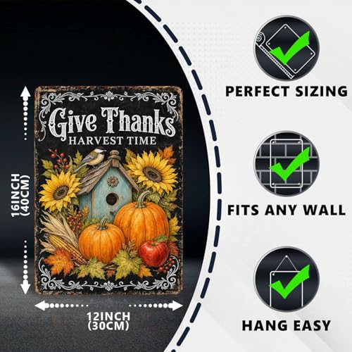 Give Thanks Birdhouse Tin Sign Sunflower Pumpkin Fall Wall Art for Kitchen Dining Room Living Room Porch Entryway and Rustic Farmhouse Home Decor 16 * 12In - color: Vintage Thanksgiving Tin Sign 10, size: 30X40cm(12*16in)