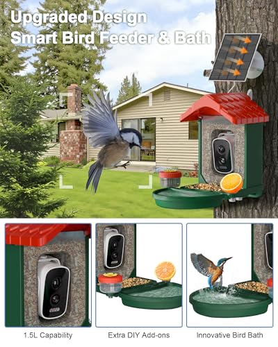 2-in-1 Smart Wild Bird Feeder & Bath with 4K HD Camera, AI Identification Solar Bird Feeder Watching Camera Night Vision for Outdoor Birds Watching Gifts for Birdlover, Red & Green - color: Red & Green